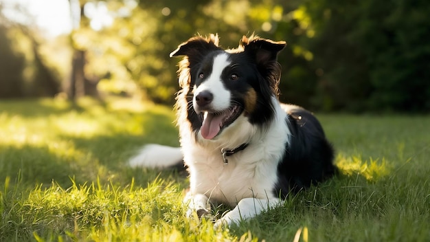 Lage hoek opname van een border collie die hijgt onder het zonlicht