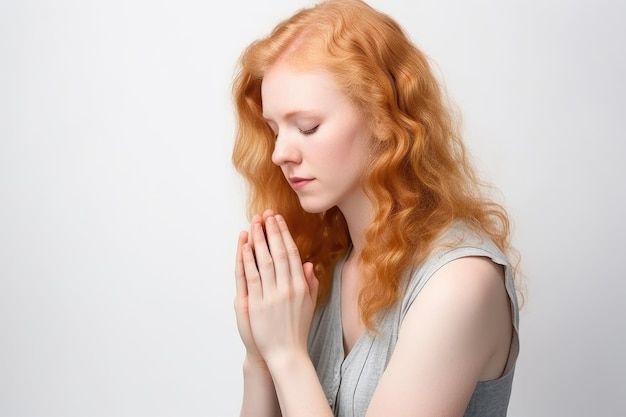 Lage hoek opname van een jonge vrouw met haar handen geklemd biddend tegen een witte achtergrond