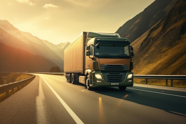 Lage hoek opname van een vrachtwagen die op een snelweg rijdt en de kracht en schaal van het voertuig vasthoudt Generatieve AI