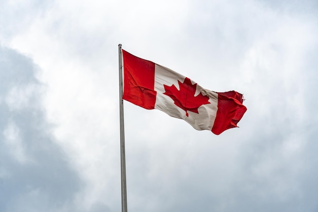 Lage hoek van de Canadese vlag die op een paal tegen de lucht zwaait