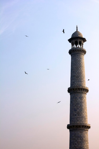 Lage hoek van de toren tegen de hemel bij zonsondergang