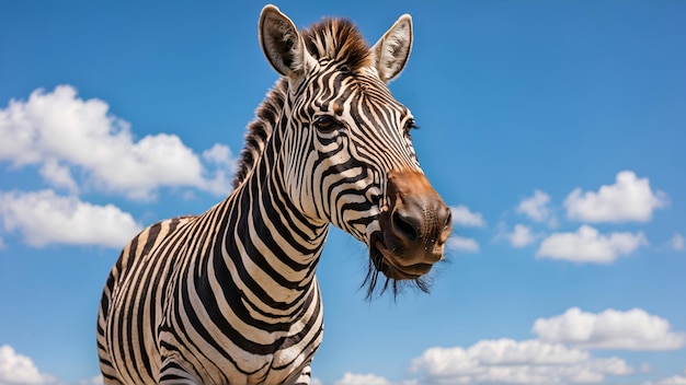 Lage hoek van de zebra die naar de camera kijkt tegen de blauwe hemel