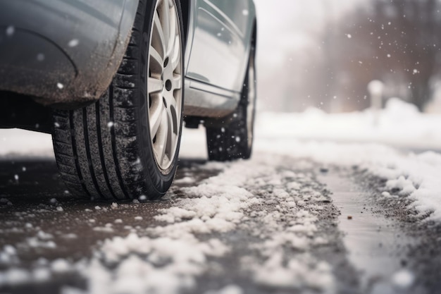 Lage hoek van een autoband op een winterweg bedekt met ijs en sneeuw winterreis achtergrond