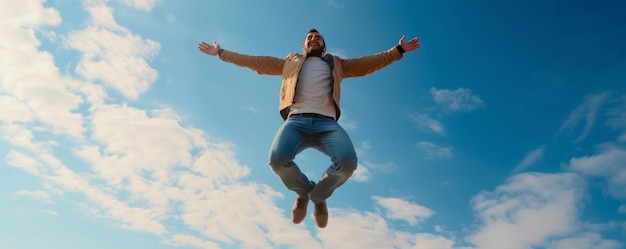 Lage hoek van een glimlachende man die in de lucht tegen de lucht zweeft