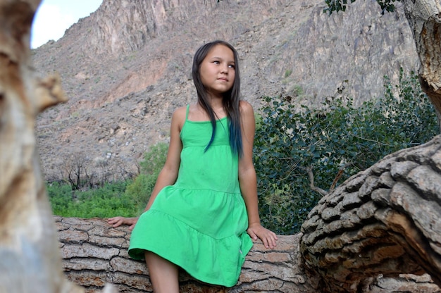 Foto lage hoek van een klein meisje dat op een boomstam tegen de berg zit