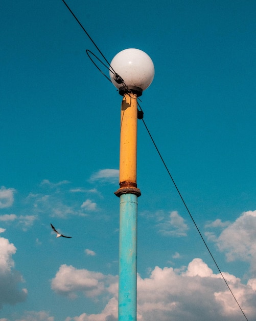 Foto lage hoek van een meeuw die tegen de blauwe hemel vliegt