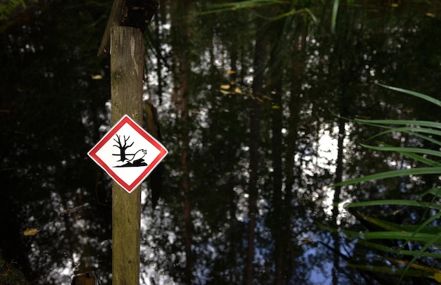 Lage hoek van een verkeersbord in het bos