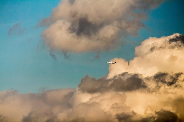 Lage hoek van een vliegtuig dat tegen de lucht vliegt