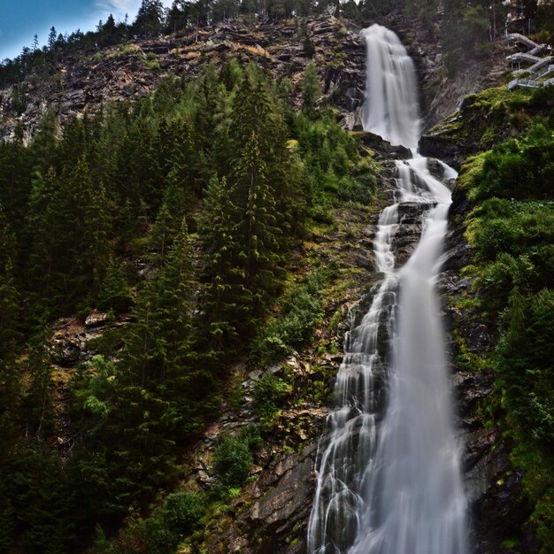 Foto lage hoek van een waterval in het bos