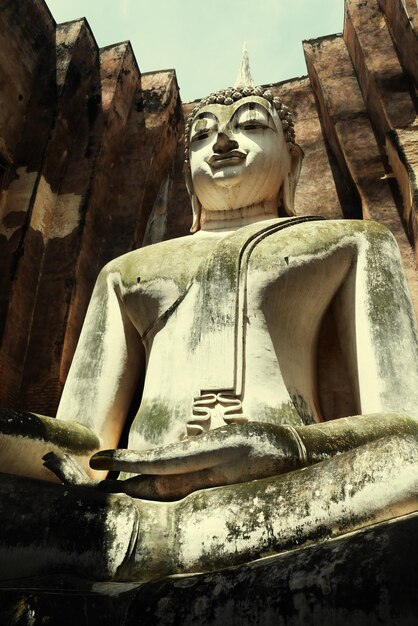 Foto lage hoek van het boeddhabeeld in de tempel