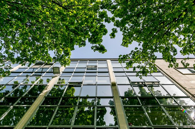 Lage hoek van het glazen gebouw tegen de lucht