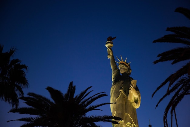 Foto lage hoek van het standbeeld van de palmboom tegen de blauwe hemel