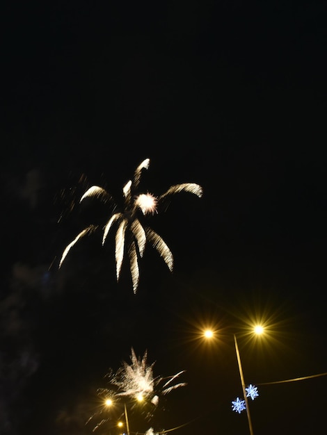 Foto lage hoek van het vuurwerk tegen de hemel 's nachts