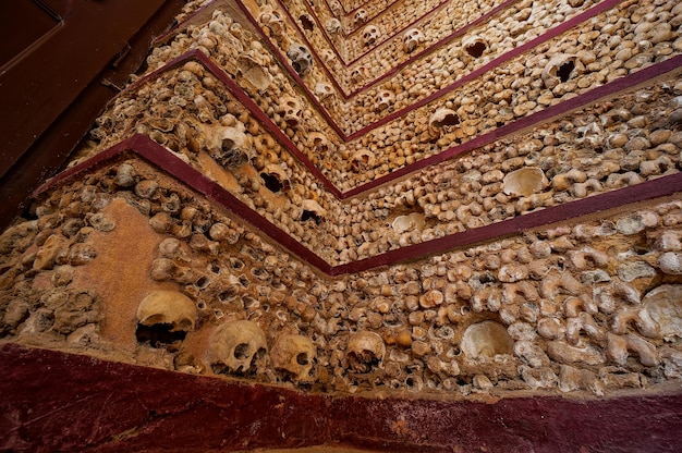 Foto lage hoek van kunstmatige menselijke schedels gemonteerd op een stenen muur