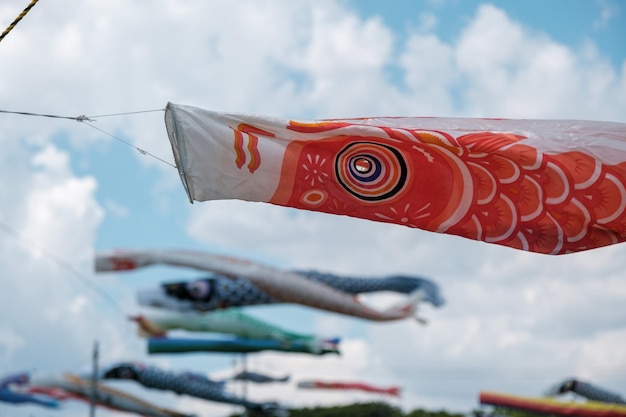 Foto lage hoek van visvlaggen die tegen de lucht hangen