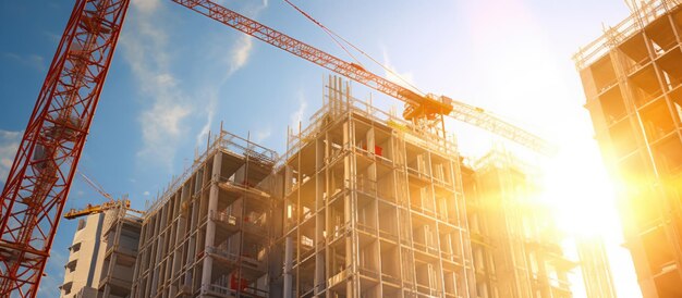 Lage hoek zonlicht zicht op gebouwen kranen en sprankelende