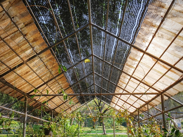 Lage hoekmening onder dak van plantagehuis