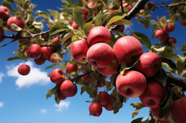 Lage hoekmening van appels die aan een boom hangen