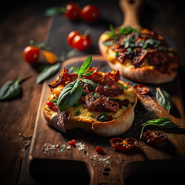 Lage hoekmening van Bruschetta met half gedroogde tomaten en basilicum over houten vintage tableAI gegenereerd