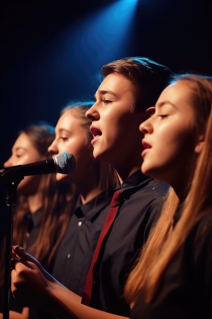 Lage hoekopname van een groep zelfverzekerde jonge zangers die samen optreden op het podium