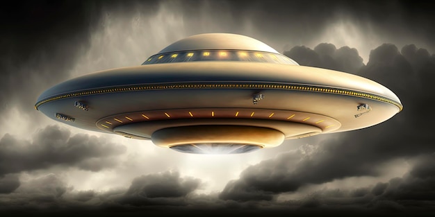 Lage schotelvormige ufo die in de lucht zweeft buitenaardse schrijvende lucht