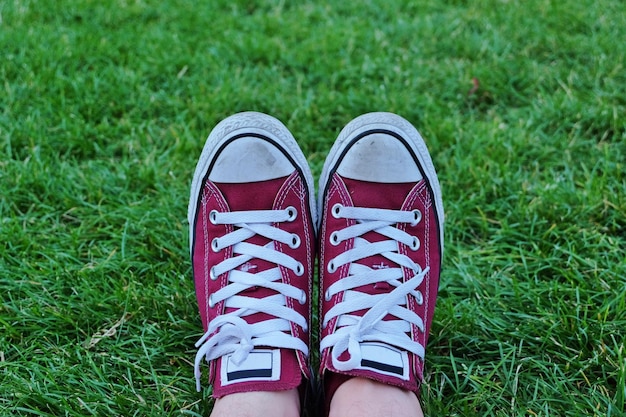 Lage sectie van een persoon die canvas schoenen draagt op een grasveld