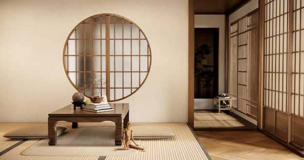 lage tafel en kussen op tatami mat in houten kamer Japanse stijl