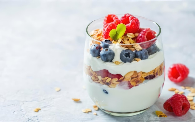 Lagen yoghurt granola en gemengd fruit creëren een heerlijk en gezond dessert