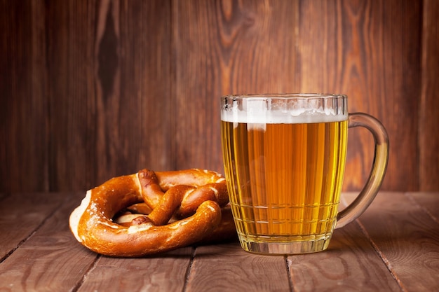 Lager beer glass and pretzel