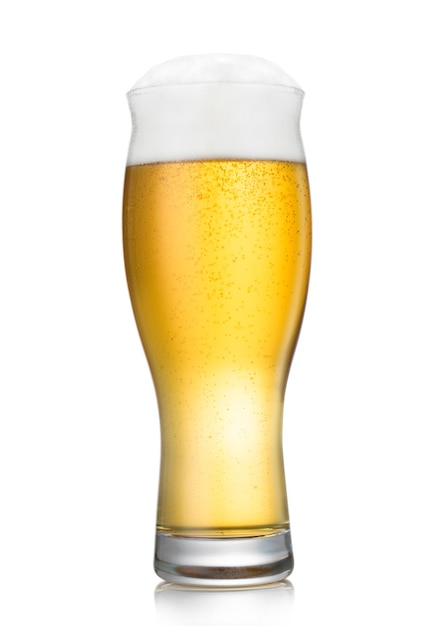 Lager beer in long glass with bubbles and foam on white