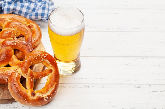 Lager beer mug and fresh baked homemade pretzel