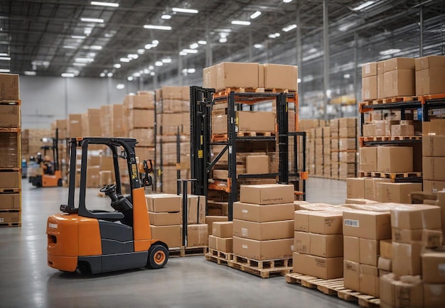 Lager van planken met goederen in kartonnen met pallets en heftrucks Logistiek en vervoer