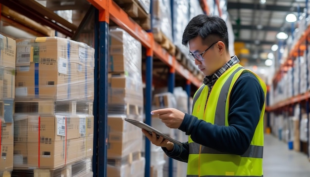 Lagerarbeider inspecteert de voorraad met een digitale tablet Inventarisbeheer- en -controleconcept