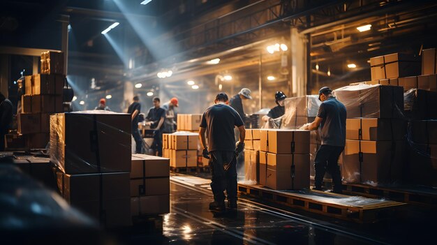 Lagerarbeiders die in een groot magazijn werken bij het laden en lossen van goederen