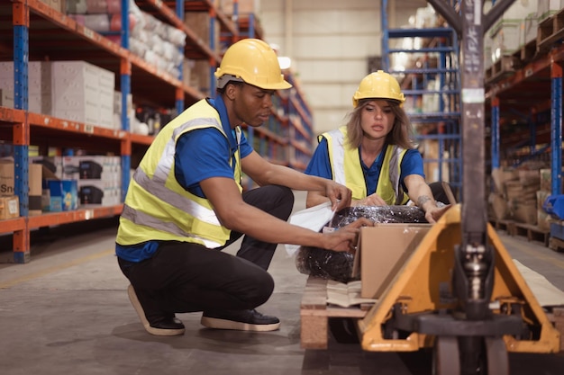 Lagerarbeiders inspecteren samen goederen op pallettrucks in een groot magazijn.