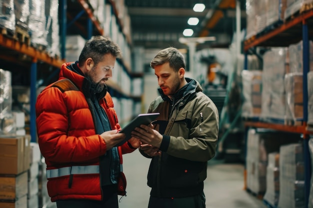 Lagerbeheerder in mouwloze doek die een tablet vasthoudt en samenwerkt met een man.