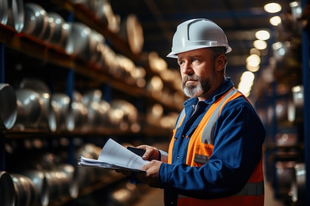 Lagervoorraadbeheer in een metaalfabriek met ingenieur of inspecteur