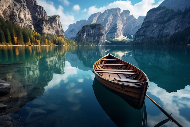 Lago di Braies 이탈리아의 상징적인 호수 Dolomites 생성 AI