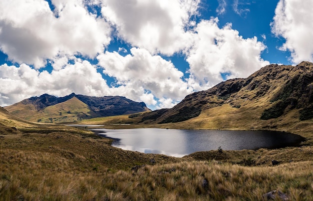 Lagoon at 4000 meters above sea level in the andes of peru\
mountains and lagoon in the andes of peru area at risk of mining\
exploitation