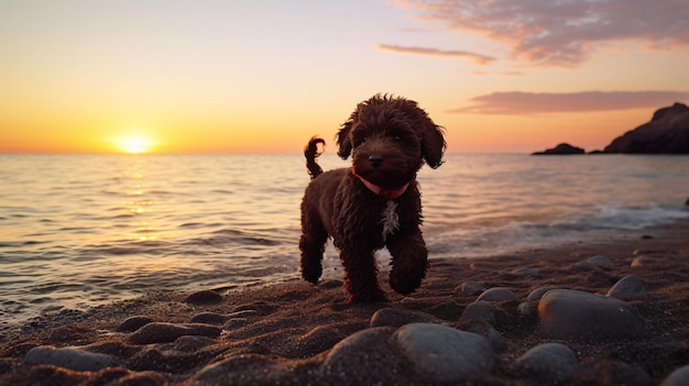 a Lagotto Romagnolo puppy exploring a beach at sunset