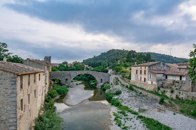 Lagrasse village in southern France on a cloudy day