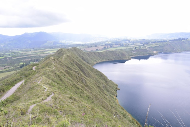 Laguna Cuicocha beautiful blue lagoon with islands inside the crater of the Cotacachi volcano