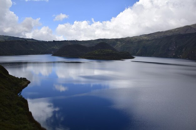 Laguna Cuicocha beautiful blue lagoon with islands inside the crater of the Cotacachi volcano