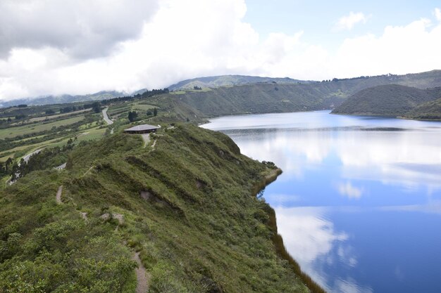 Laguna Cuicocha beautiful blue lagoon with islands inside the crater of the Cotacachi volcano