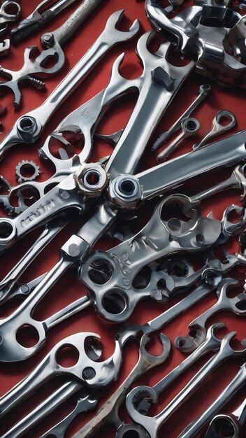 Laid out in disarray on top of each other chrome plated wrenches of different sizes