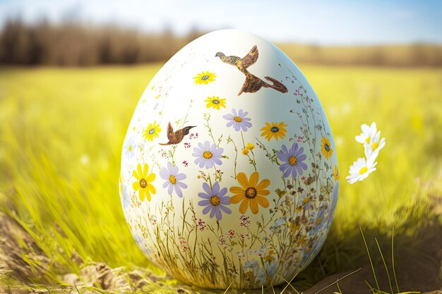 Laid out on flower meadow easter egg on sunny day