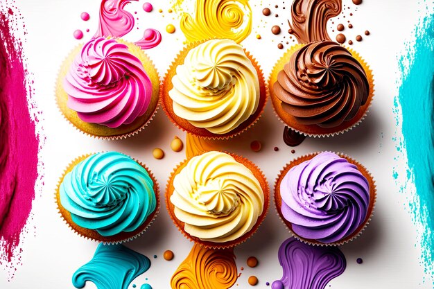 Laid out in row of cupcakes with delicious multicolored cream for festive party