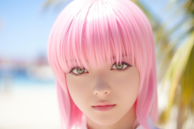 Laidback anime asian girl with pink hair AI Generated