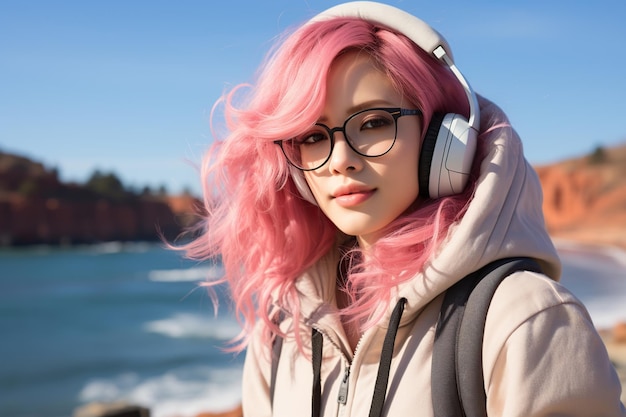 Laidback anime asian girl with pink hair AI Generated