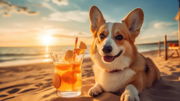 A laidback Corgi lounges on the seashore sipping a cocktail like a seasoned traveler enjoying a relaxing beach getaway generated ai